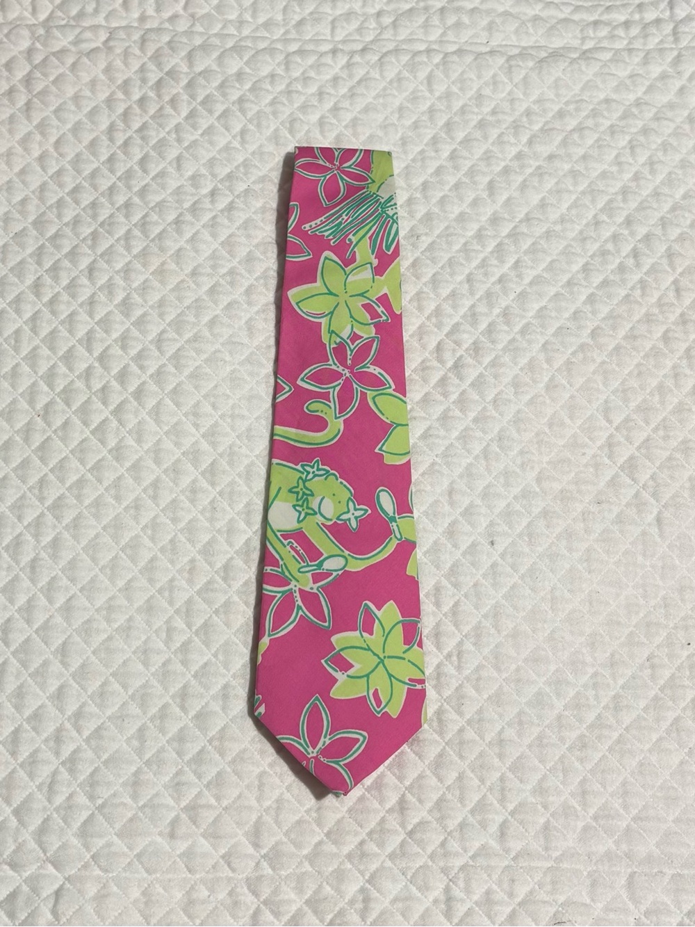 Lilly Pulitzer Hula Monkey Pink and Lime Floral Tie 100% Cotton
